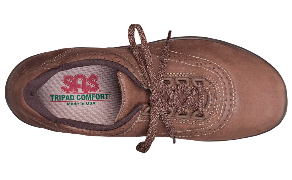 Allen's Bootery Walk Easy chocolate brown leather walking shoe with lace-up closure and SAS Tripad comfort insole.