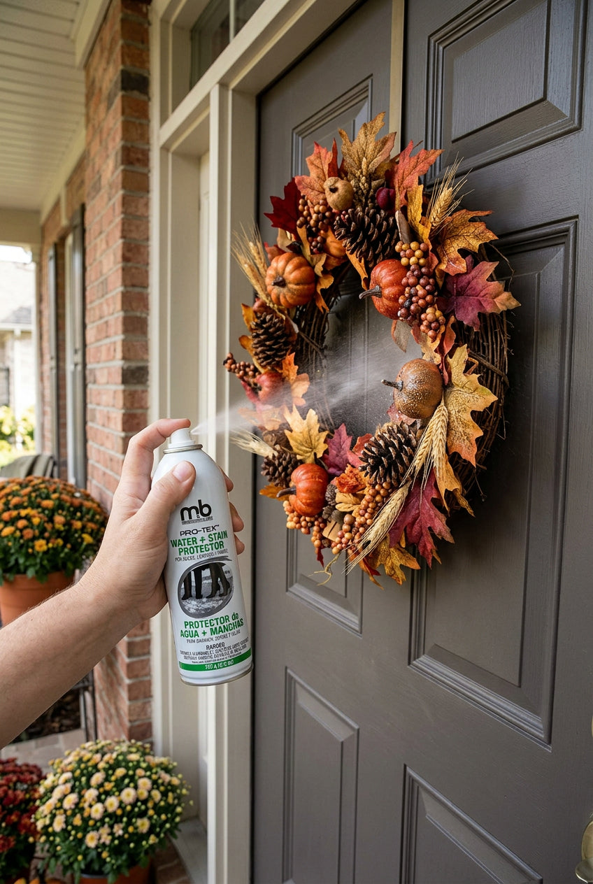 Allen's Bootery M&B Pro-tex water and stain protector spray being applied to a decorative autumn wreath on a door