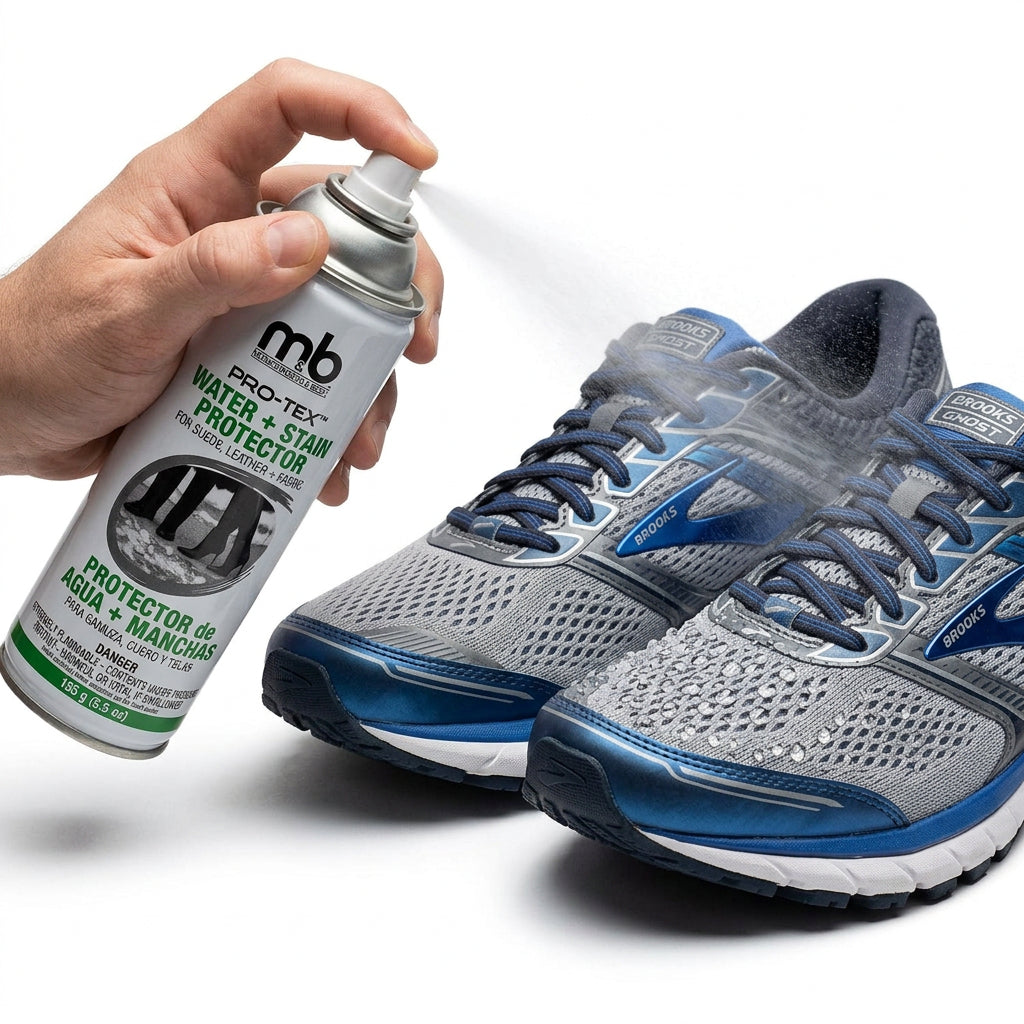 Allen's Bootery M&B water repellent spray being applied to grey and blue athletic running shoes for stain protection