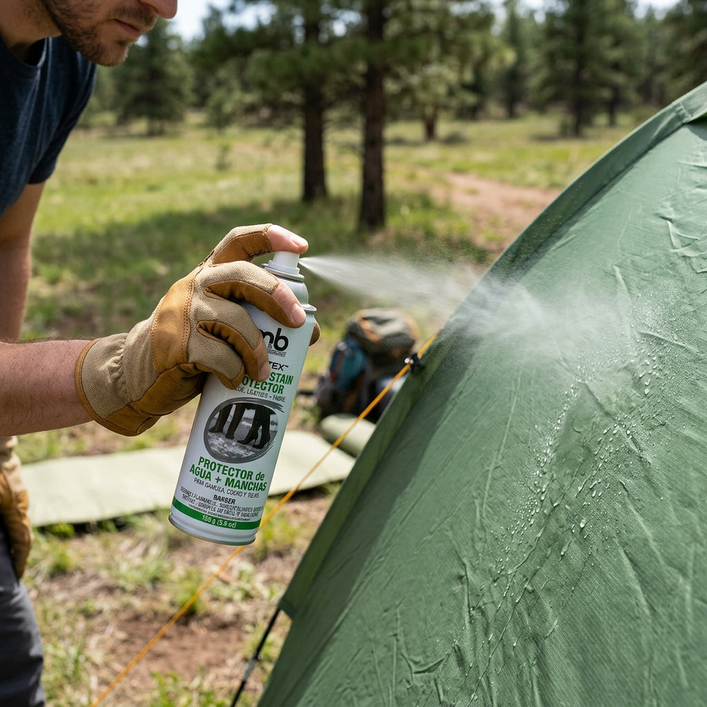 Allen's Bootery M&B water repellent spray being applied to a green tent in a forest setting