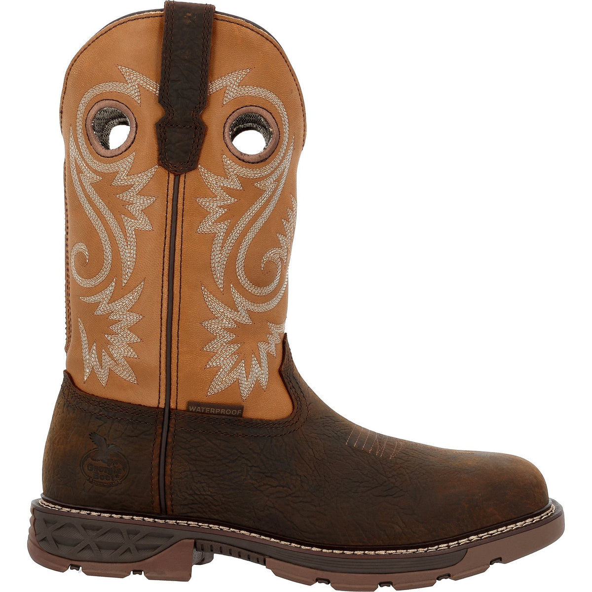 Allen's Bootery Carbo-Tec FLX waterproof alloy toe western work boot in brown and rust full-grain leather.