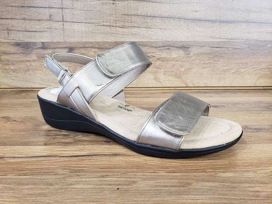 Allen's Bootery Soft Style Wela pewter wedge sandal with adjustable velcro straps and cushioned footbed