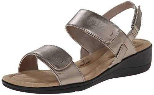 Allen's Bootery Soft Style Wela pewter wedge sandal with adjustable velcro straps and cushioned footbed