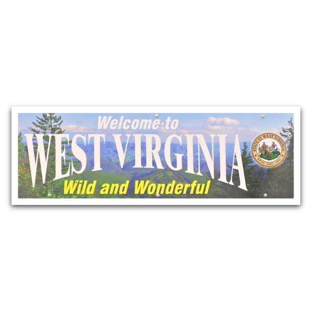 Allen's Bootery weather resistant West Virginia interstate sign sticker featuring mountain landscape and state seal