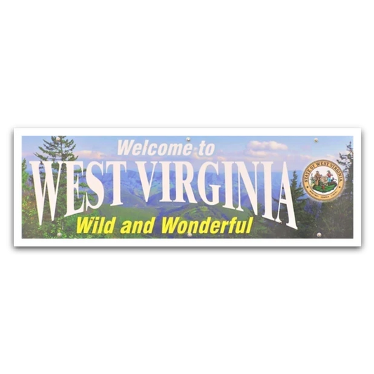 Allen's Bootery weather resistant West Virginia interstate sign sticker featuring mountain landscape and state seal