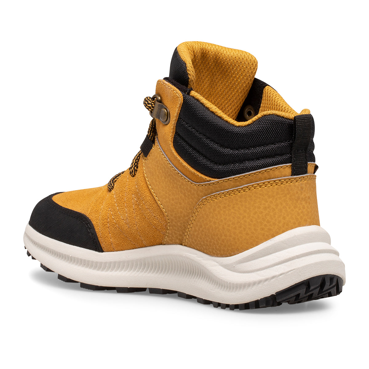 Allen's Bootery little kid's Greylock waterproof leather hiking boot in wheat and black with a white EVA midsole.