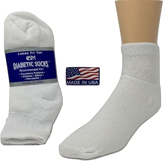 Allen's Bootery white quarter-length diabetic socks with non-binding loose fit tops, made in the USA.