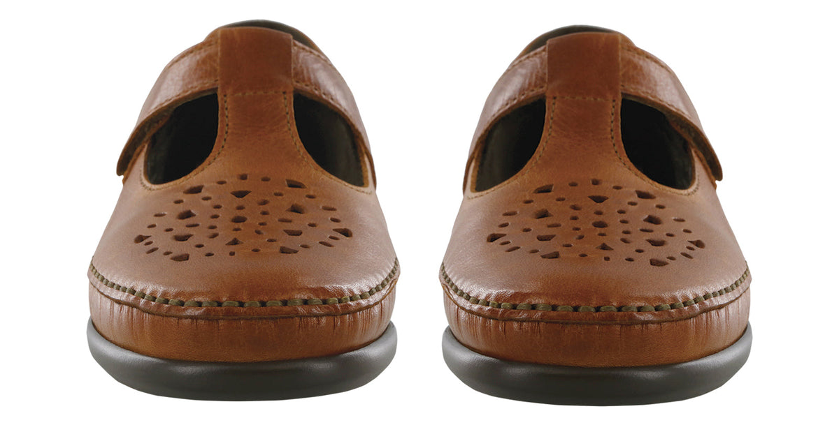 Allen's Bootery Willow chestnut leather moccasins with cutout pattern and adjustable strap, front view