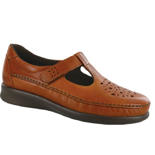 Allen's Bootery Willow chestnut leather moccasin with cutout pattern, adjustable strap, and cushioned sole.