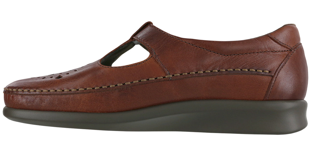 Allen's Bootery Willow walnut leather moccasin with cutout pattern, adjustable strap, and cushioned sole side view
