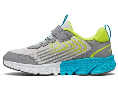 Allen's Bootery Wind 3.0 kids sneaker in grey and green with mesh upper, velcro strap, and blue cushioned midsole.