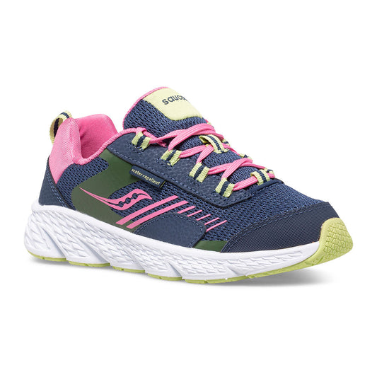 Allen's Bootery Big Kid's Wind Shield sneaker in navy and pink with mesh upper, lace closure, and white EVA midsole.