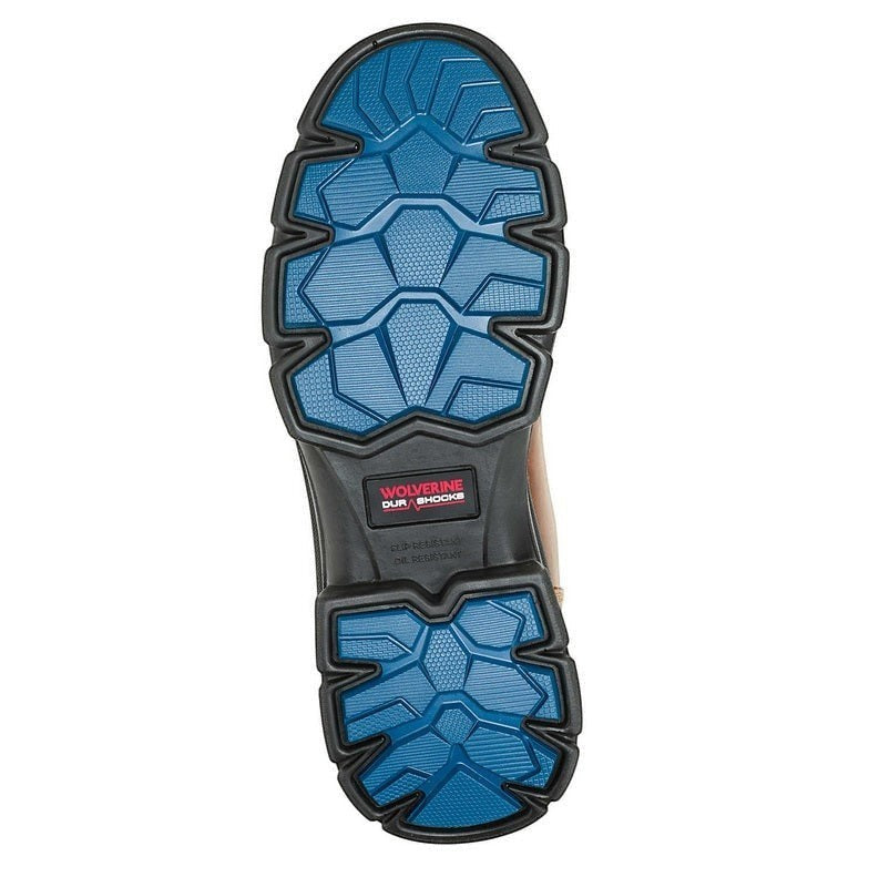 Allen's Bootery Wolverine DuraShocks SR Icon tan work boot showing the signature blue slip-resistant rubber outsole