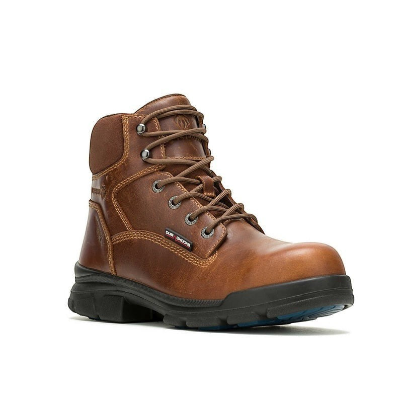 Allen's Bootery Wolverine DuraShocks SR Icon tan waterproof leather composite-toe work boot with blue outsole pads.