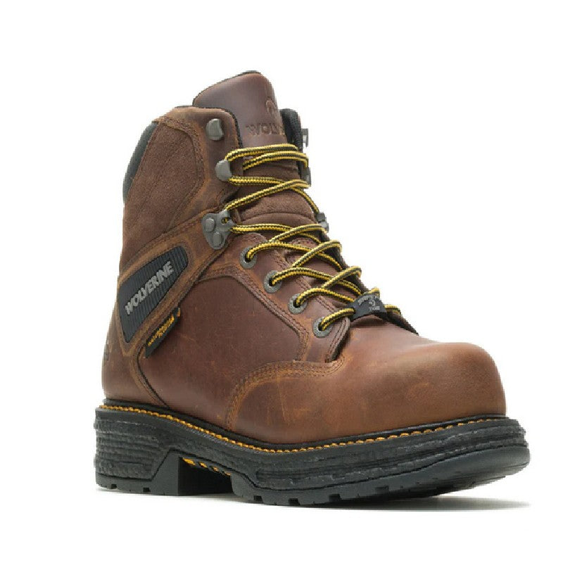 Allen's Bootery Wolverine Hellcat 6-inch tobacco brown waterproof leather work boot with CarbonMAX composite toe.