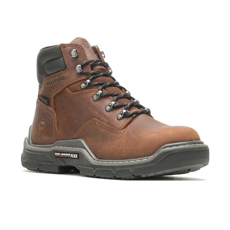 Allen's Bootery Wolverine Raider waterproof brown leather work boot with DuraShocks Flex outsole and composite toe.