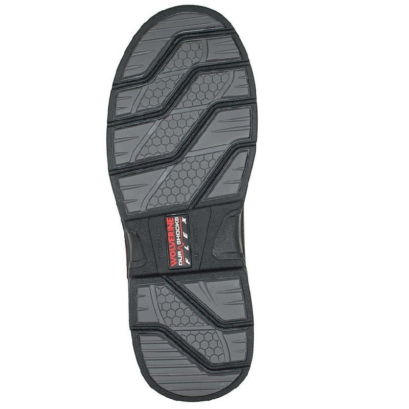 Allen's Bootery Wolverine Raider work boot black rubber lug outsole with DuraShocks Flex compression pads
