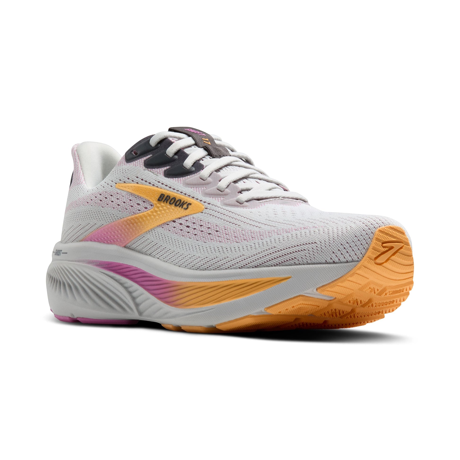 Allen's Bootery Women's Ghost 17 road running shoe in oyster, apricot, and pink with cushioned midsole