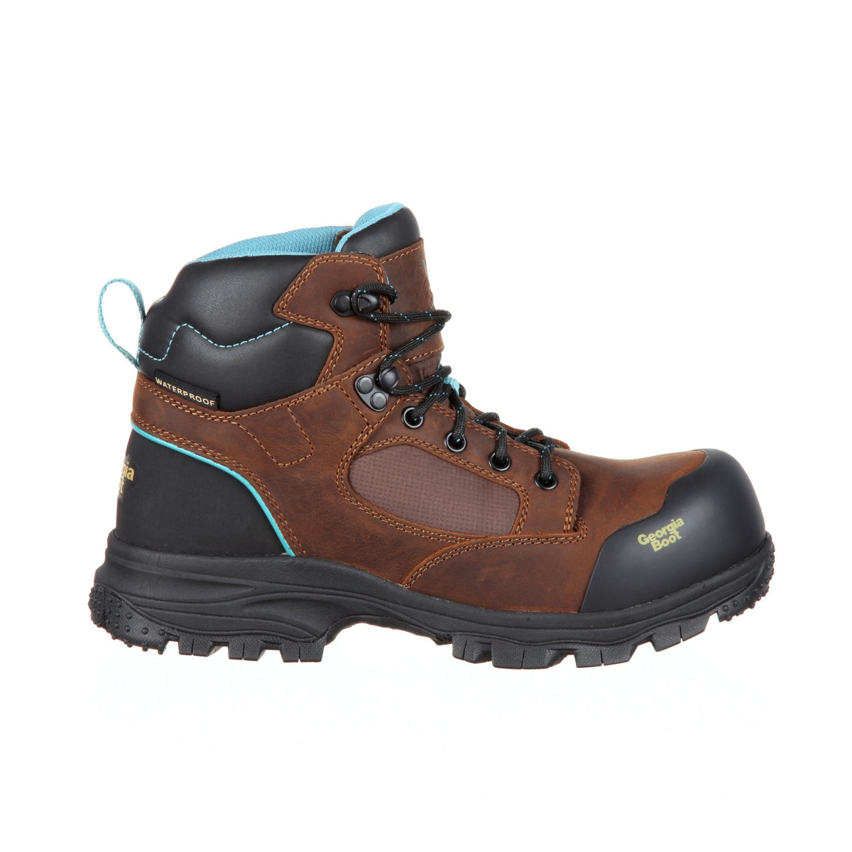 Allen's Bootery Georgia Boot women's brown leather waterproof work boot with composite toe and blue accents