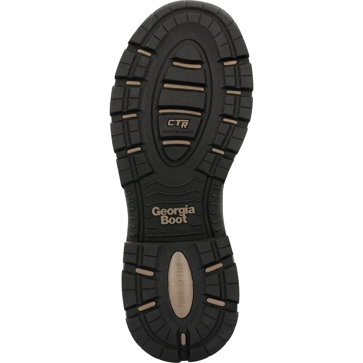 Allen's Bootery black and tan Carbo-Tec rubber slip-resistant work boot outsole with Georgia Boot branding