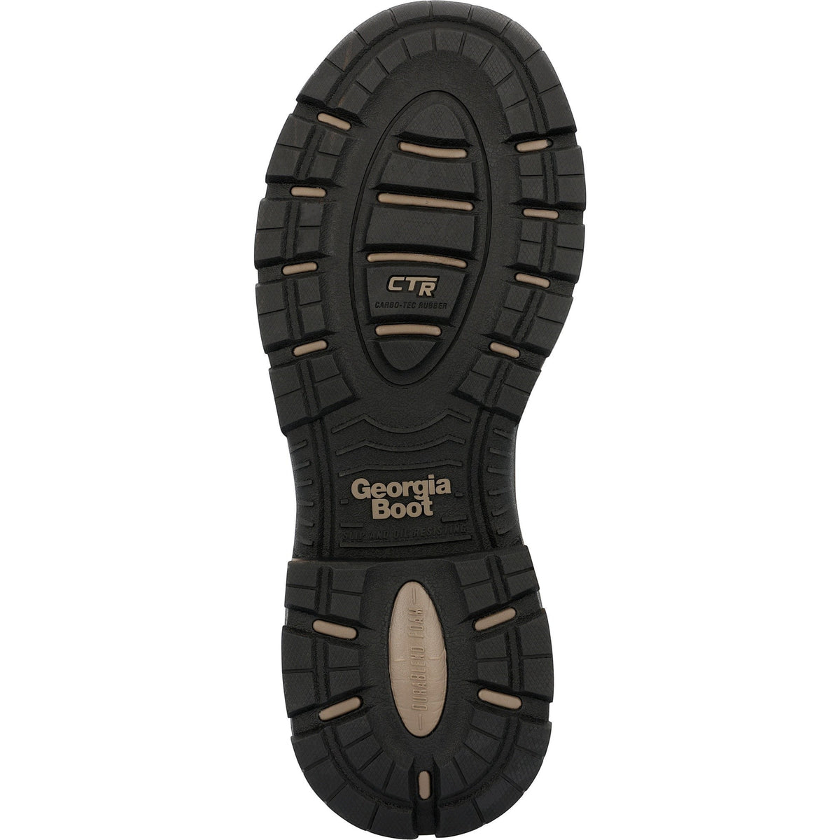 Allen's Bootery black and tan Carbo-Tec rubber slip-resistant work boot outsole with Georgia Boot branding