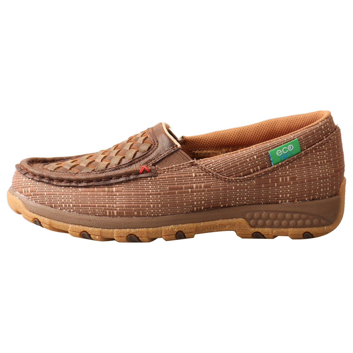 Allen's Bootery brown and coffee woven ecoTWX slip-on driving moc with leather accents and rubber outsole