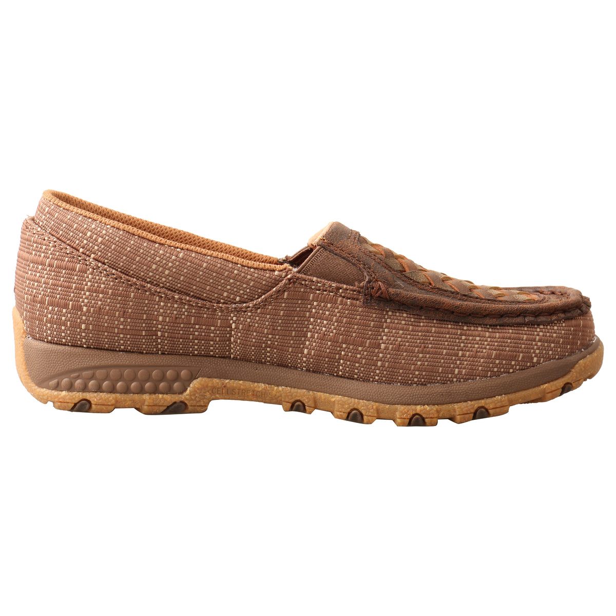 Allen's Bootery brown and coffee woven ecoTWX and leather slip-on driving moc with a durable rubber outsole