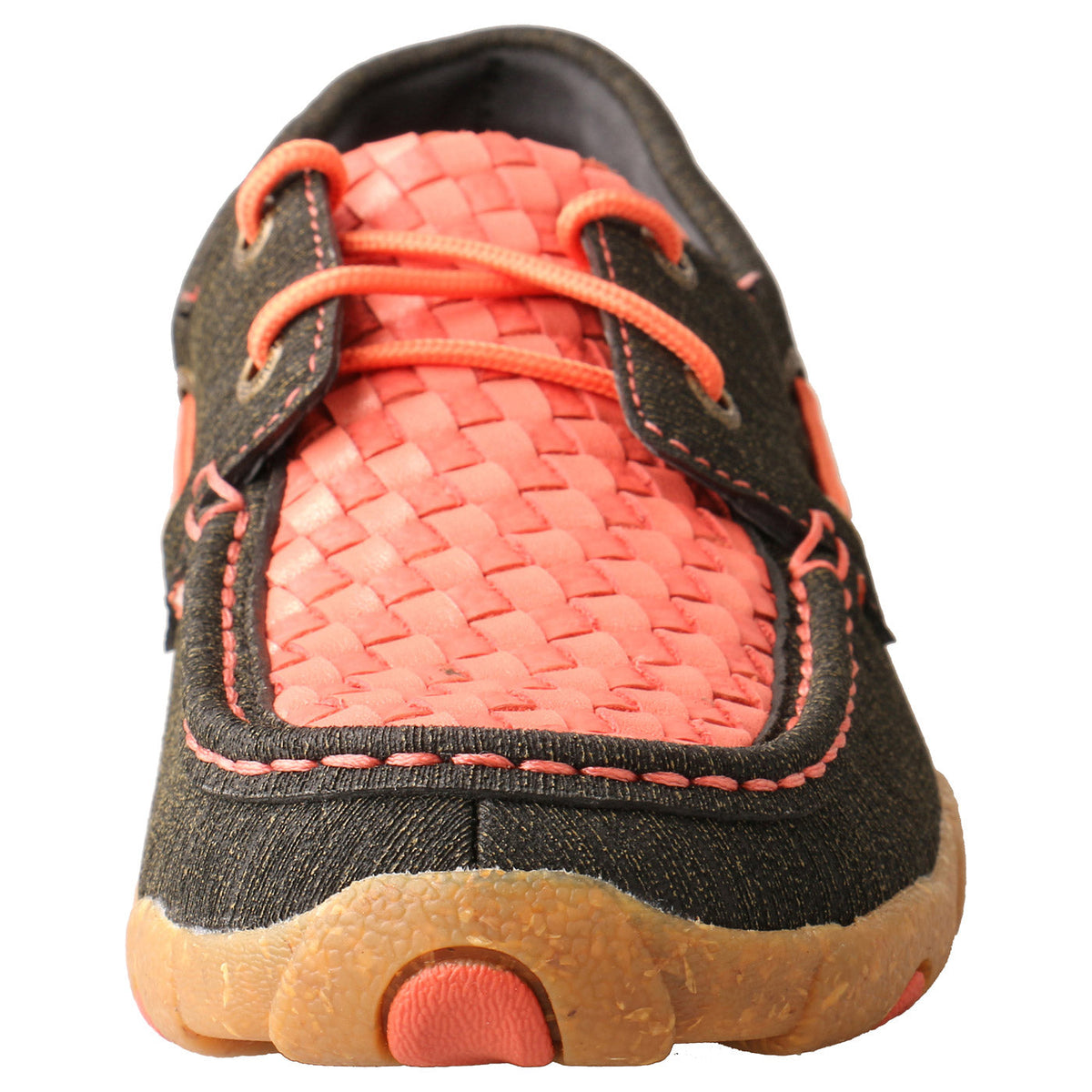 Allen's Bootery WDM0141 boat shoe in woven coral and dark leather with a moc toe and durable rubber driving sole