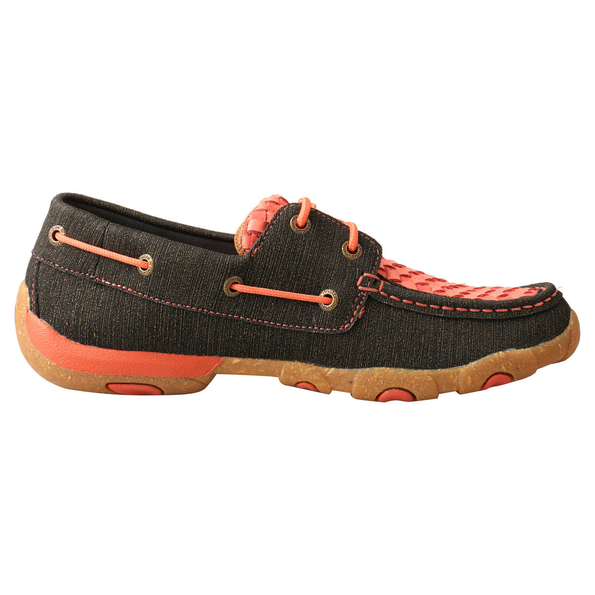 Allen's Bootery WDM0141 boat shoe in dark grey and coral woven leather with a durable rubber driving moc outsole.