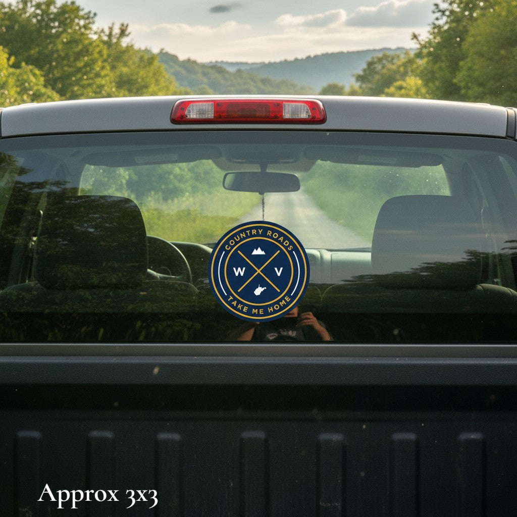 Allen's Bootery WV seal sticker on a truck rear window, featuring a circular blue and gold West Virginia design.