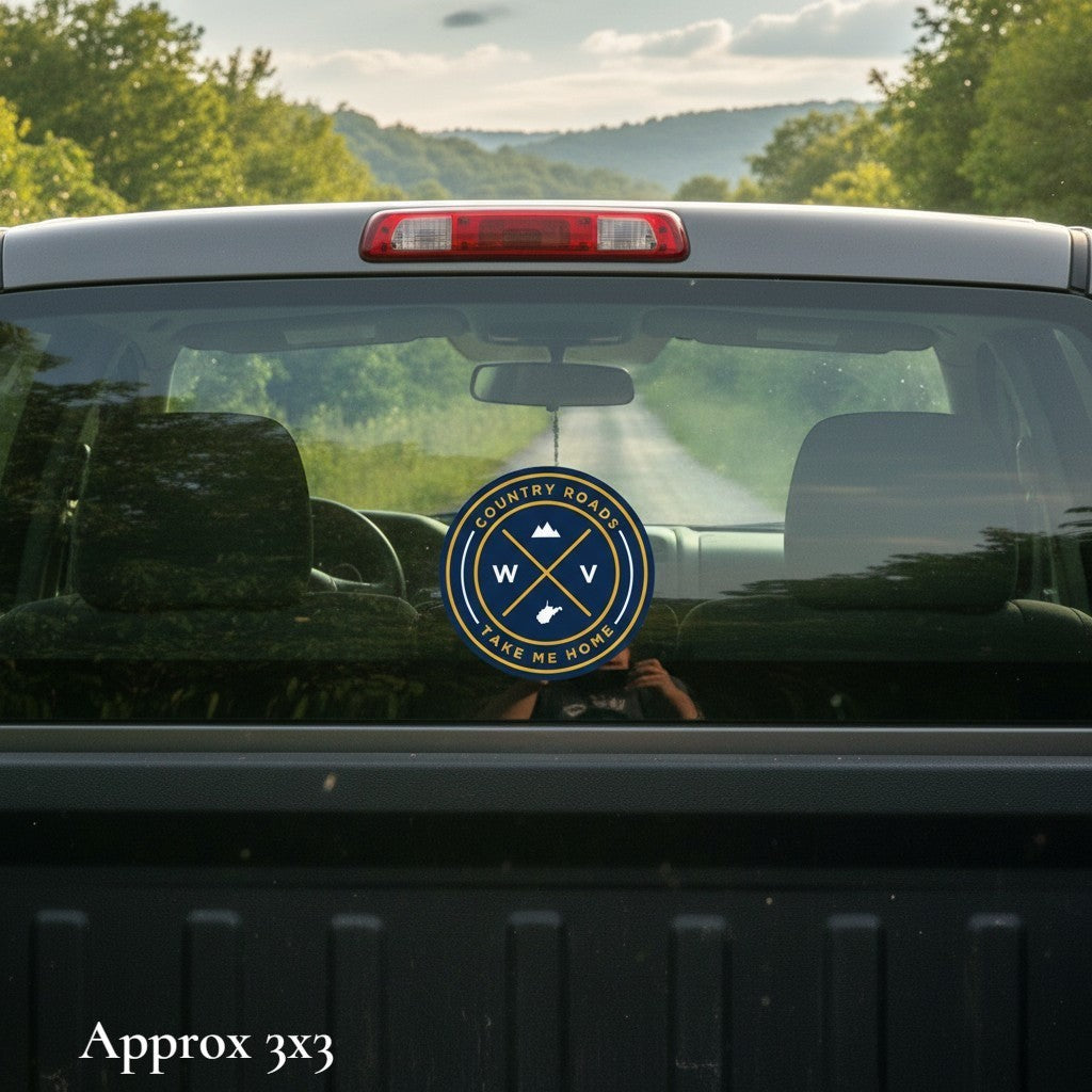 Allen's Bootery WV seal sticker on a truck rear window, featuring a circular blue and gold West Virginia design.