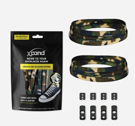 Allen's Bootery Xpand Laces no-tie system in green camo with elastic laces, anchors, and clips for sneakers.