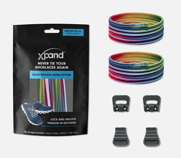 Allen's Bootery Xpand Laces quick release rainbow elastic shoelaces with locking anchors and end clips in packaging.