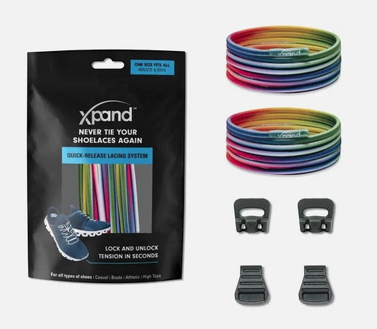 Allen's Bootery Xpand Laces quick release rainbow elastic shoelaces with locking anchors and end clips in packaging.