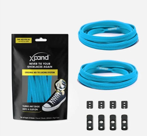 Allen's Bootery Xpand Laces Original no-tie system in sky blue with elastic laces, anchors, and end clips.
