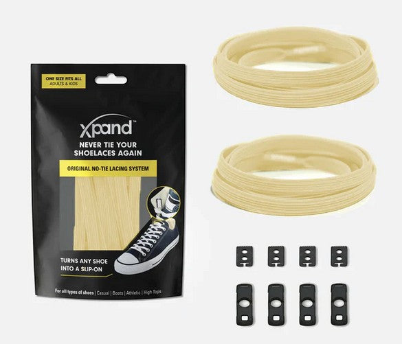 Allen's Bootery Xpand sunshine yellow elastic no-tie shoelaces with anchors and end clips in retail packaging.