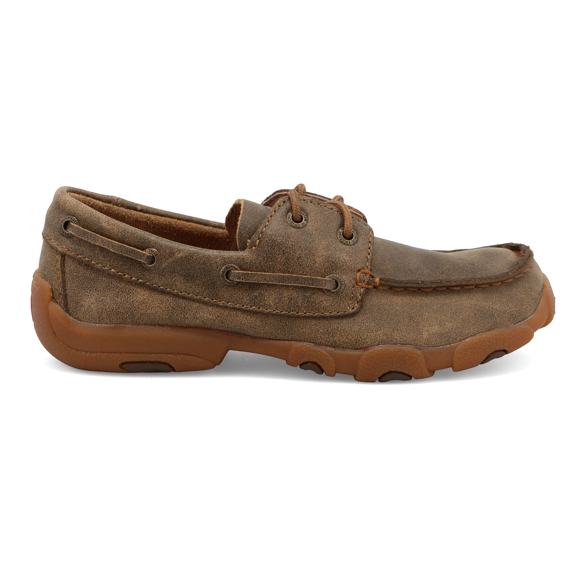 Allen's Bootery youth boat shoe in brown full-grain leather with a moc toe and durable driving moc outsole.