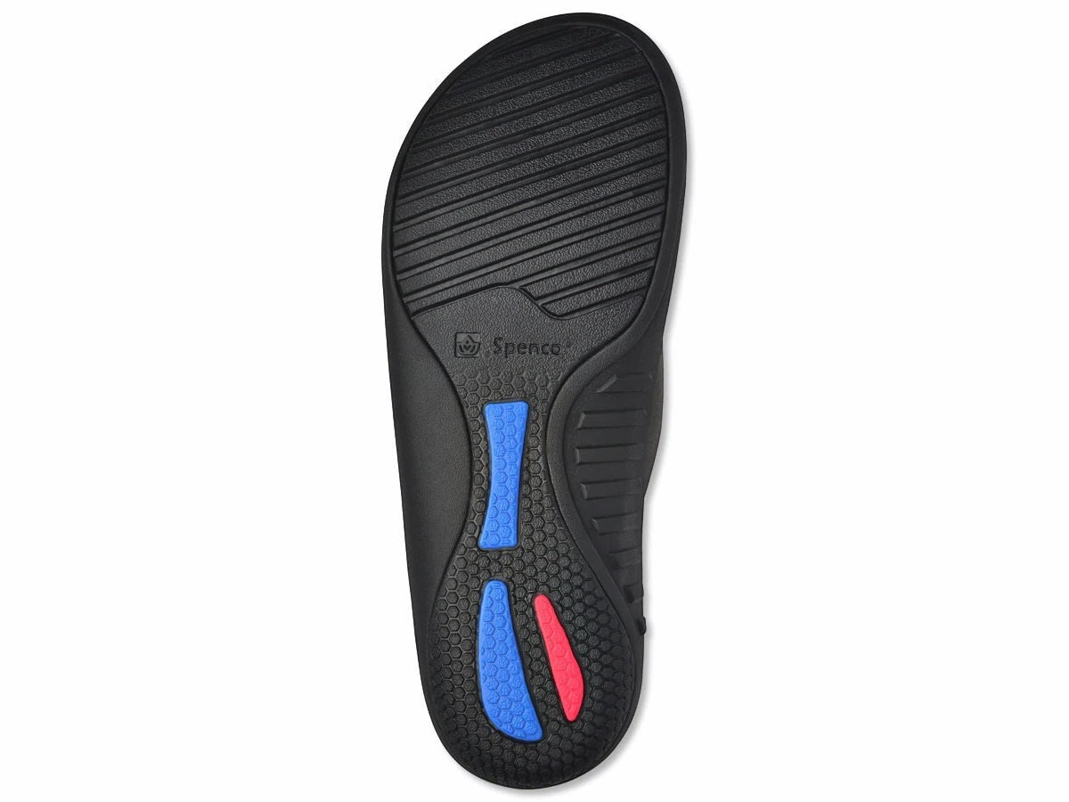 Allen's Bootery Yumi Pure black recovery sandal showing the non-slip, non-marking outsole with blue and red accents.