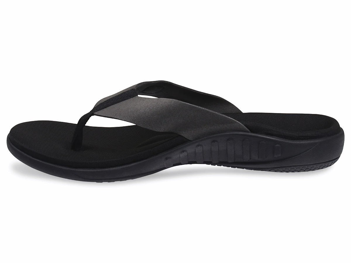 Allen's Bootery Yumi Pure black recovery sandal with synthetic suede strap and memory foam footbed, side view.