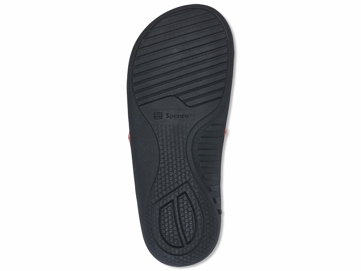 Allen's Bootery Yumi orthotic sandal showing the black non-slip, non-marking EVA outsole with deep heel cupping.