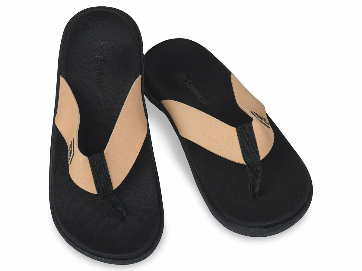 Allen's Bootery Yumi orthotic thong sandals in tan and black with a cushioned EVA footbed and arch support.