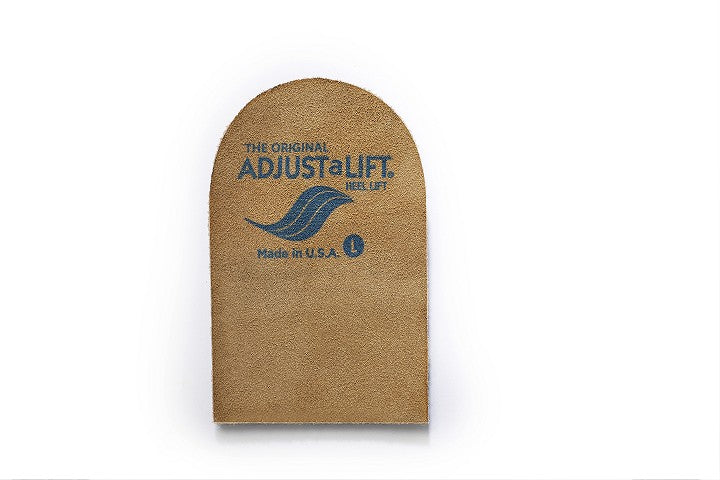 Allen's Bootery Adjust-A-Lift heel lift insert with tan suede leather top and adjustable foam layers for shoe support.