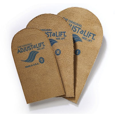 Allen's Bootery Adjust-A-Lift adjustable suede leather heel inserts in small, medium, and large sizes.