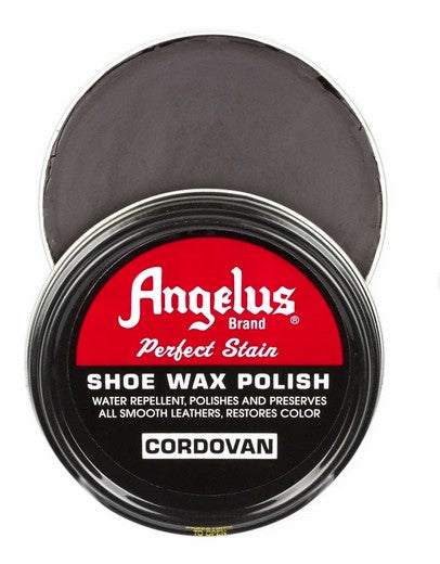 Allen's Bootery Angelus Cordovan Shoe Wax Polish tin, dark brown wax for a mirror-like finish on leather.