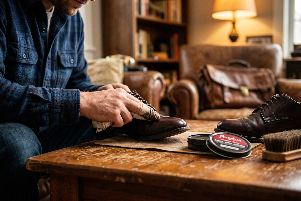 Allen's Bootery Angelus Cordovan Shoe Wax Polish being applied to a dark brown leather dress shoe by a man