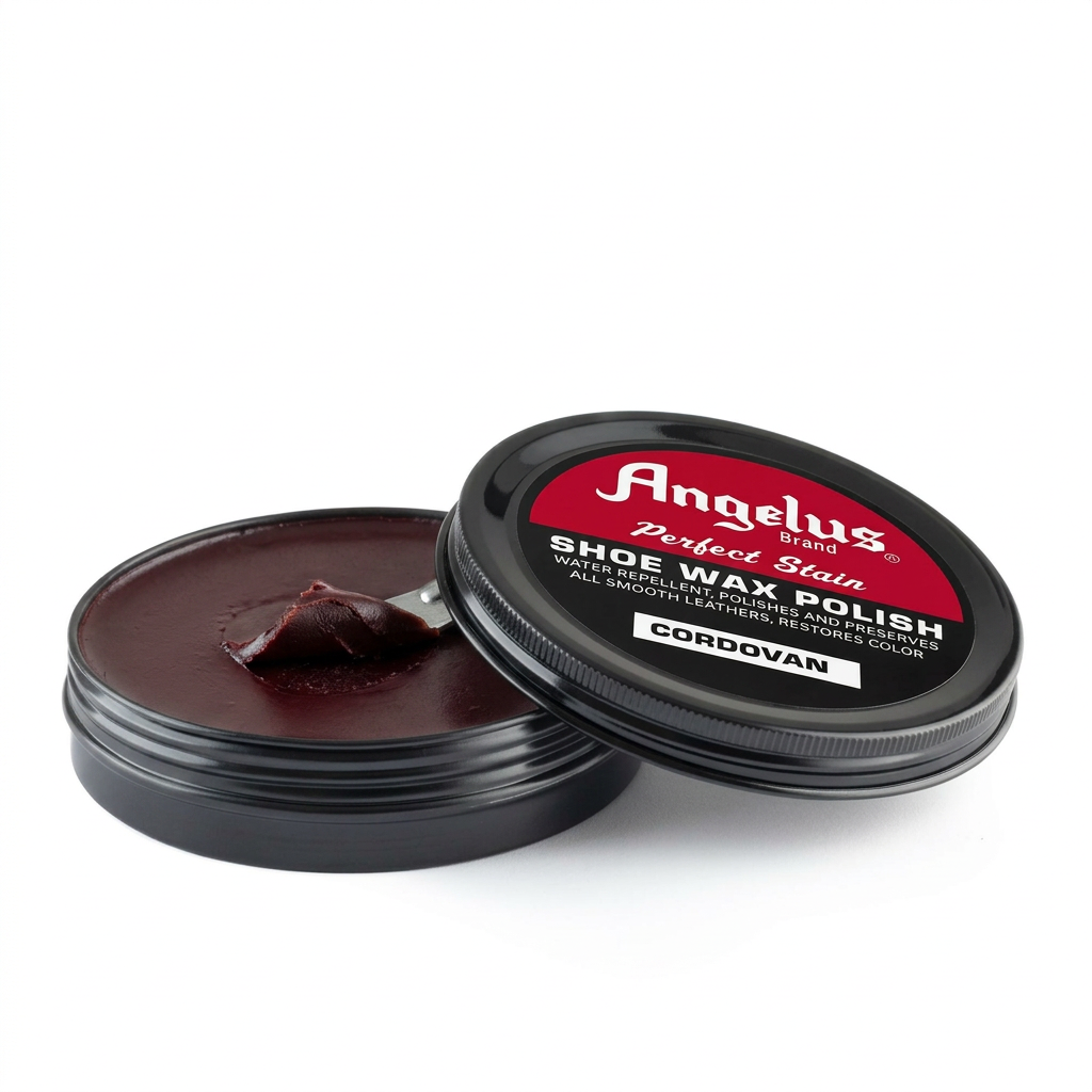 Allen's Bootery Angelus Cordovan shoe wax polish in a black tin with a dark burgundy cream and applicator tool
