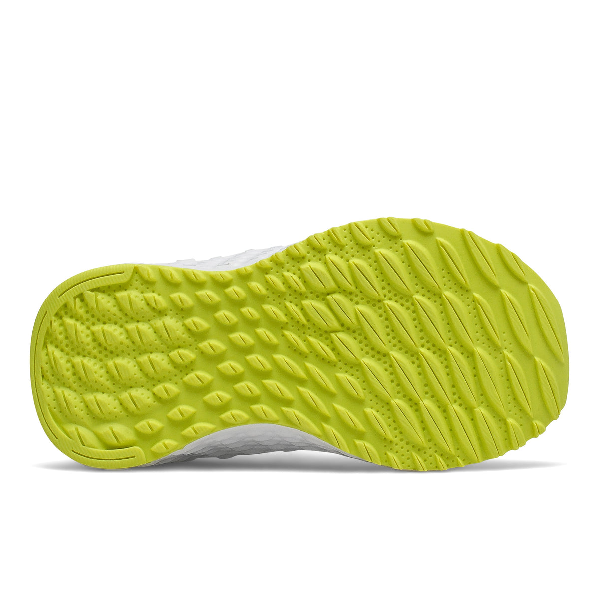 Allen's Bootery infant Arishi v2 sneaker showing the bright lime green rubber outsole with textured grip pattern