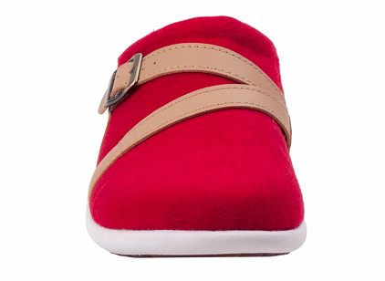 Allen's Bootery Ashton wool slide in baked apple red with tan leather straps and adjustable buckle, front view.
