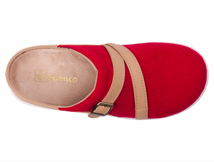 Top view of Allen's Bootery Ashton Wool Slide in baked apple red with tan leather straps and adjustable buckle.