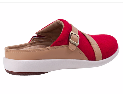 Allen's Bootery Ashton Wool Slide in red and tan with an adjustable buckle strap and white cushioned sole.